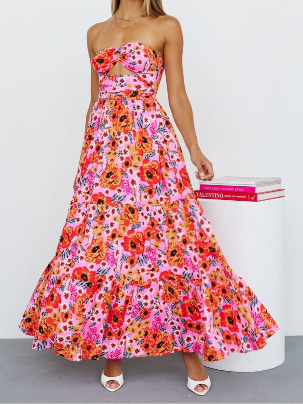 Hello Molly Speak to My Heart Floral Pink Cut-Out Maxi Strapless Flowy Dress